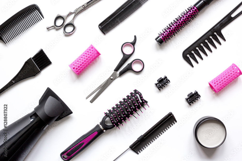 preparations for styling hair on white background top view preparations for styling hair on white background top view