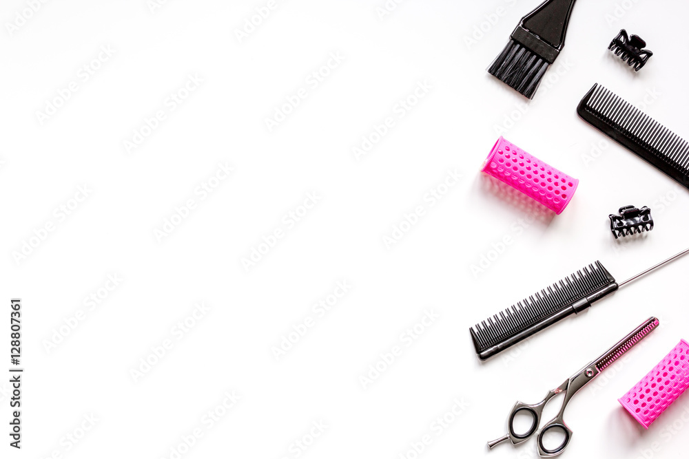 Tools for hair styling on white background top view Tools for hair styling on white background top view