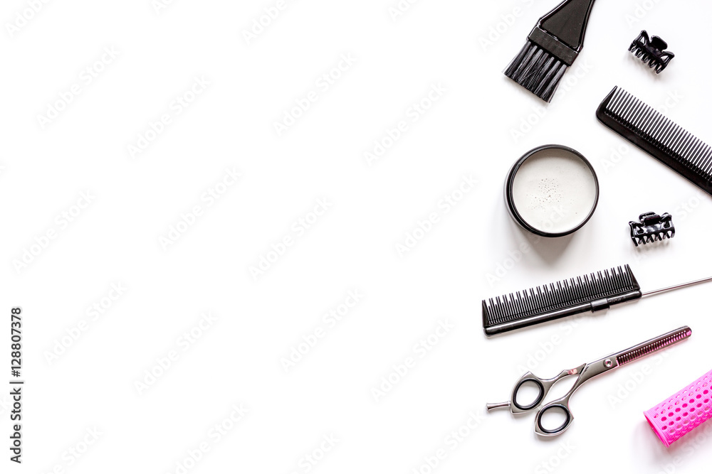 Tools for hair styling on white background top view Tools for hair styling on white background top view