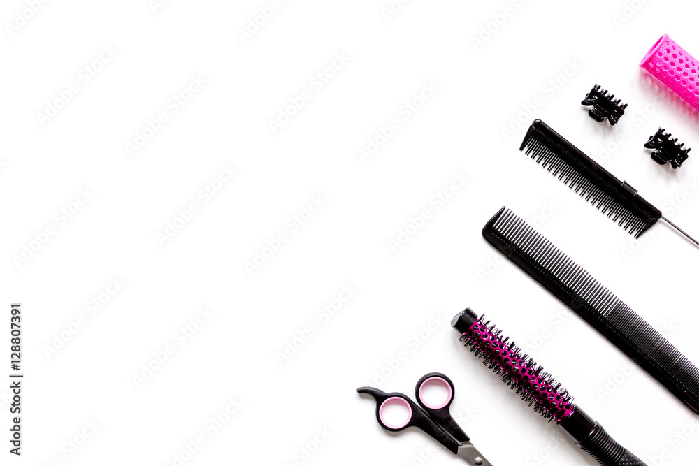 Tools for hair styling on white background top view Tools for hair styling on white background top view