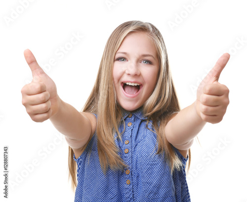 Cheerful teenager girl show...