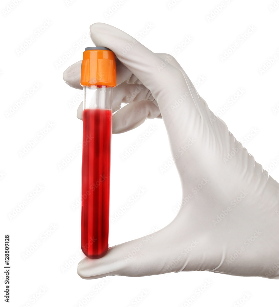 Hand holding test tube with blood isolated on white Hand holding test tube with blood isolated on white