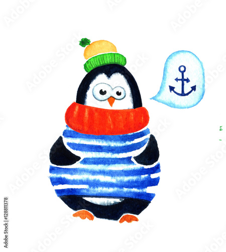 Cute penguin dreams about sea. Cartoon babies and little kids. Watercolor illustration isolated on white background