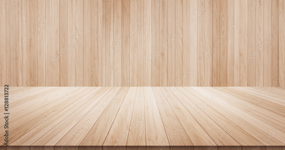 Empty wood table top on wood background for display or montage product Empty wood table top on wood background for display or montage product