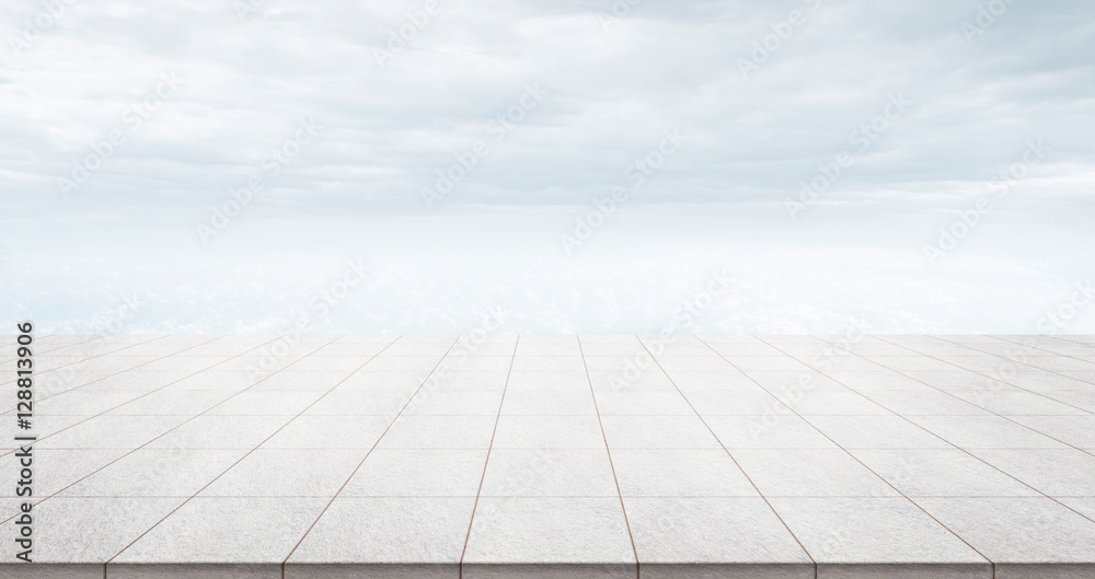 Business concept - Empty marble floor top with panoramic sky view of mountain under sunrise and morning blue bright sky for display or montage product Business concept - Empty marble floor top with panoramic sky view of mountain under sunrise and morning blue bright sky for display or montage product