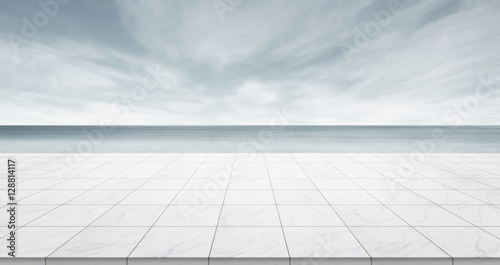 Business concept - Empty marble floor top with panoramic sky view of mountain under sunrise and morning blue bright sky for display or montage product