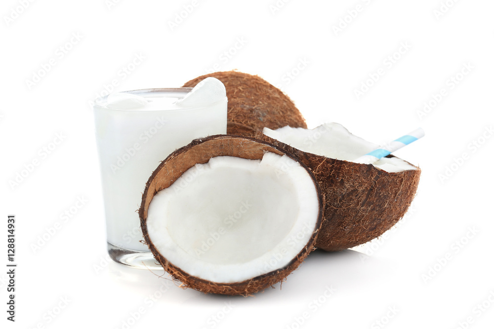 Tasty cocktail in coconut on white background