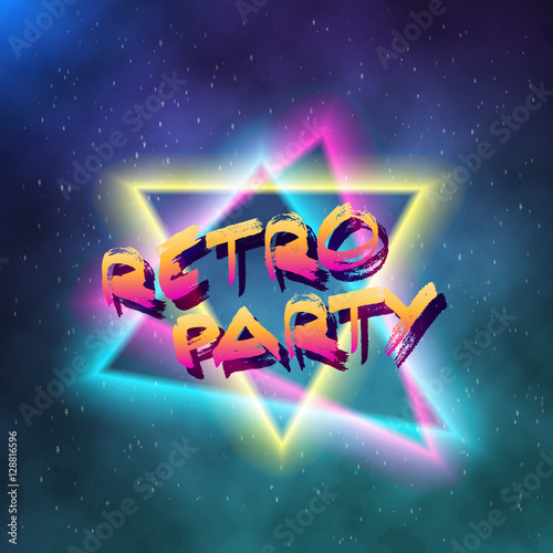 Illustration of Retro Music Abstract Poster Cover 1980s Style Background. Neon Disco Poster Template 80s Background