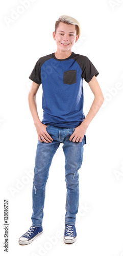 Cute teenager boy on white background