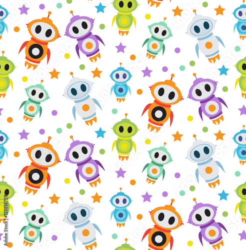 Cute kids seamless pattern robot rocket. Children endless background, texture, wallpaper. Vector illustration
