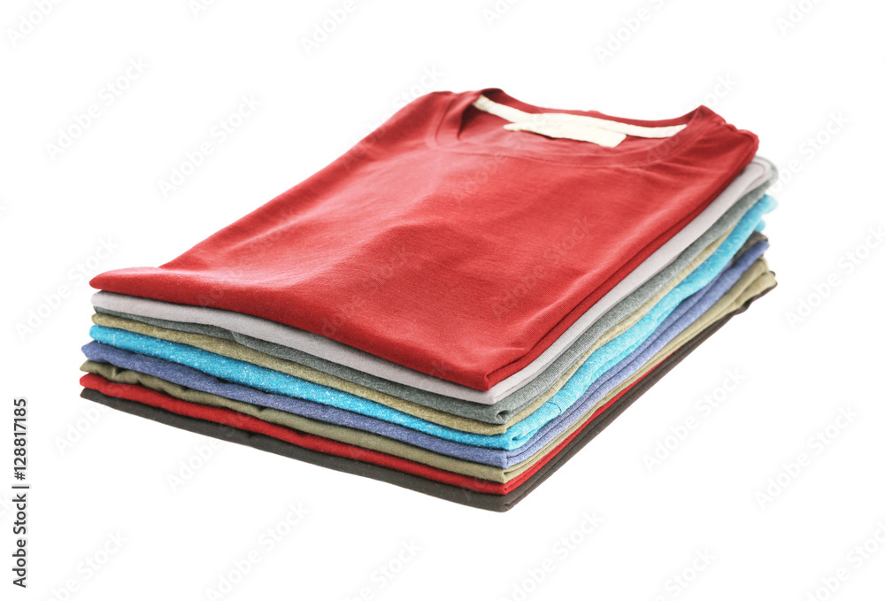 Stack of colorful t-shirts on white background Stack of colorful t-shirts on white background