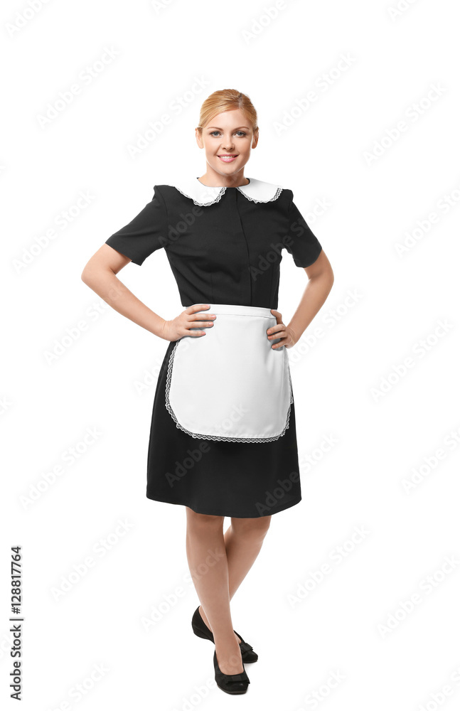 Beautiful chambermaid in uniform isolated on white Beautiful chambermaid in uniform isolated on white