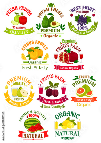 Fresh fruit juice icons, signs, badges set