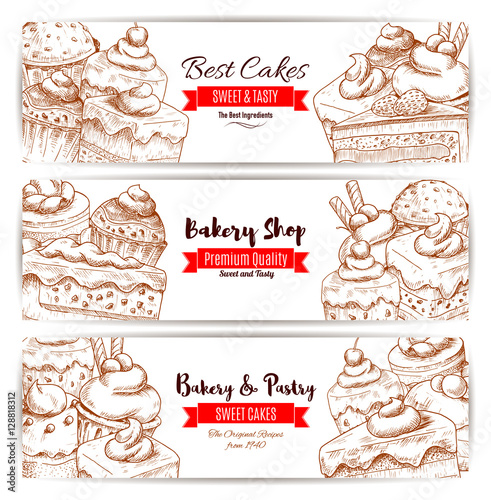 Bakery, pastry shop sketch banners set