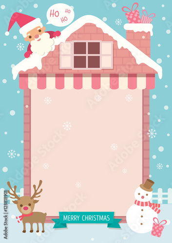 Christmas blank poster design with santa claus on roof  house and ornaments on snow background.