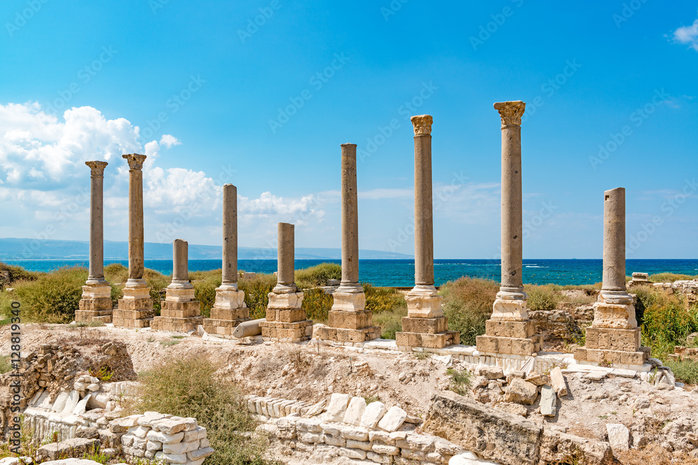Al Mina archaeological site in Tyre, Lebanon. It is located about 80 km south of Beirut and has led to its designation as a UNESCO World Heritage Site in 1984. 