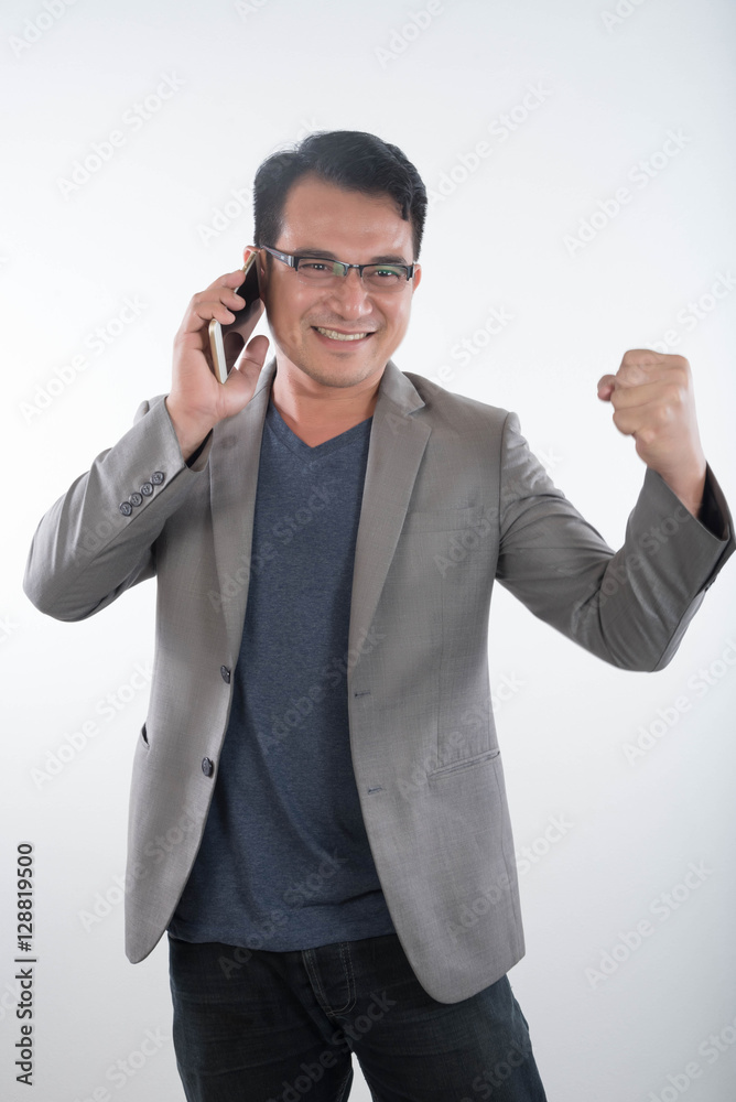 Handsome businessman and eyeglasses speaking on White Backgroun Handsome businessman and eyeglasses speaking on White Backgroun
