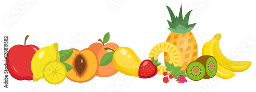 Fruits still life  isolated on white background. Fruit horizontal banner. Fruit set. Vector illustration