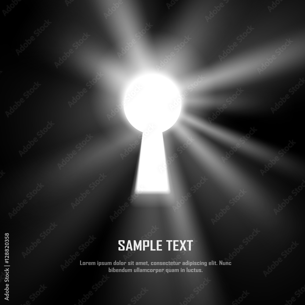 Key hole on black wall with light and shiny glow effect