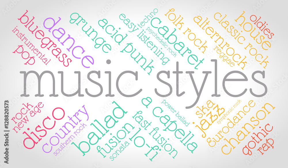 Musical styles. Word cloud, italic font, gradient grey background. Music concept.