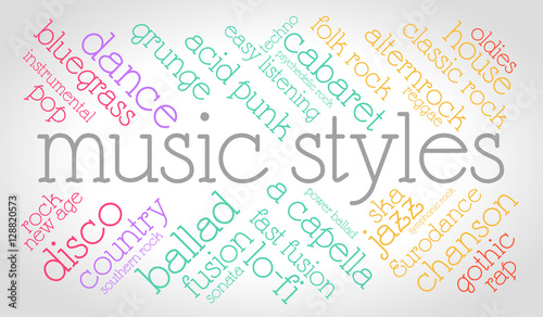 Musical styles. Word cloud, italic font, gradient grey background. Music concept.