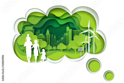 Paper carve to family and park on green town shape