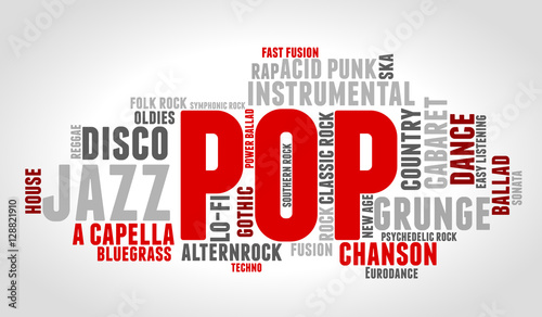 Pop. Word cloud, type font, gradient grey background. Music concept.