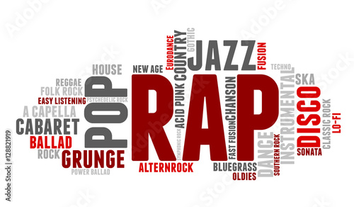 Rap. Word cloud, type font, gradient grey background. Music concept.