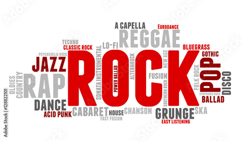 Rock. Word cloud, type font, gradient grey background. Music concept.