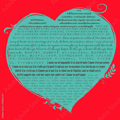 Blue heart shape on red background with christian bible verse in 1 Corinthian 13 in many language | Biblical quote about love photo