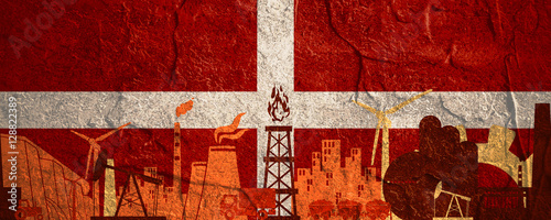 Energy and Power icons set. Header banner with Denmark flag. Sustainable energy generation and heavy industry. Concrete textured