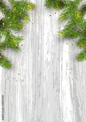 Christmas card background with fir tree and holidays decorations.