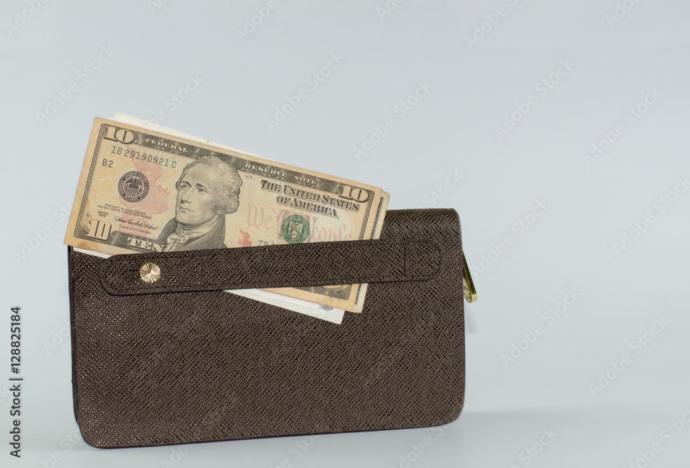 Brown man purse dollar isolated on white background