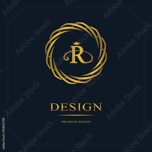 Gold Emblem of the weaving circle. Monogram design elements, graceful template. Simple logo design Letter R for Royalty, business card, Boutique, Hotel, Heraldic, Web design. Vector illustration