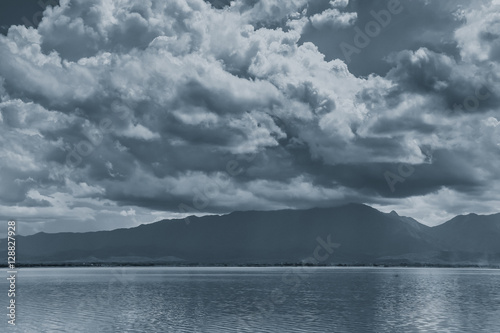 lake mountain sky and cloud black and white mono tone.