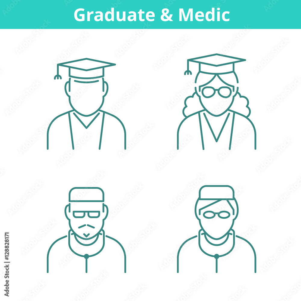 Occupations avatar set: doctor, medic, graduate, student. Flat line professions userpic collection. Vector thin outline icons for profiles, web design, social networks and infographics.