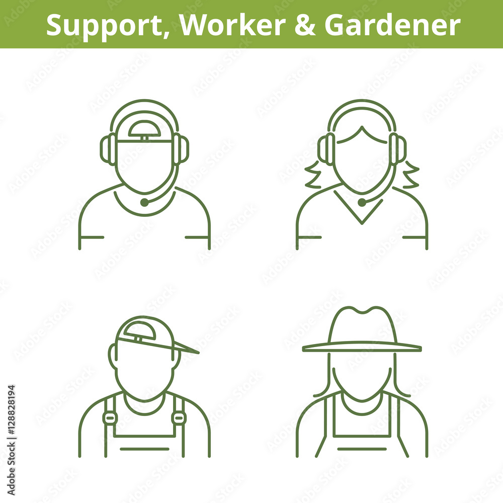 Occupations avatar set: support operator, workman, gardener. Flat line professions userpic collection. Vector thin outline icons for profiles, web design, social networks and infographics. Occupations avatar set: support operator, workman, gardener. Flat line professions userpic collection. Vector thin outline icons for profiles, web design, social networks and infographics.