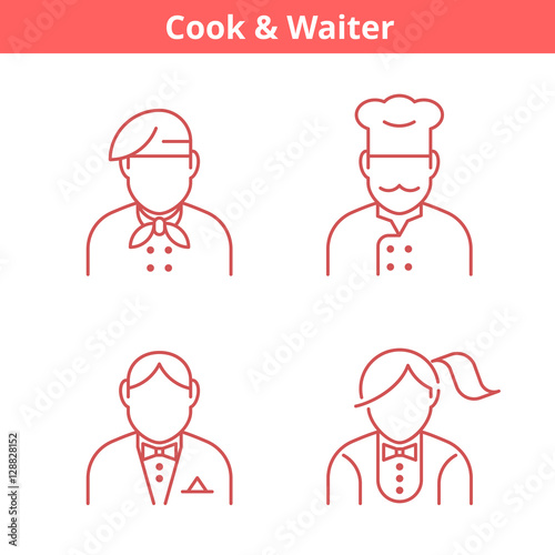 Occupations avatar set: cook, chef, waiter, baker. Flat line professions userpic collection. Vector thin outline icons for profiles, web design, social networks and infographics.
