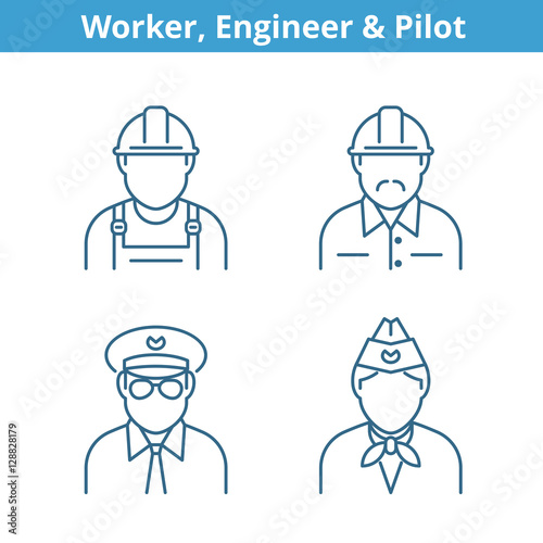 Occupations avatar set: pilot, stewardess, engineer, worker. Flat line professions userpic collection. Vector thin outline icons for profiles, web design, social networks and infographics.