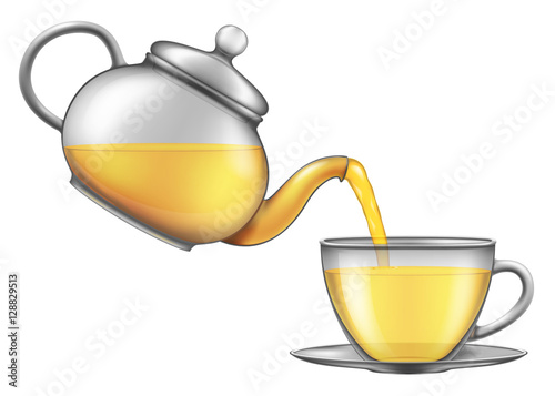 Tea pouring from teapot into a cup. Vector illustration.