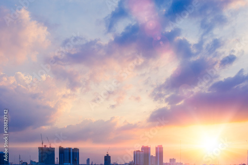 Photography beautiful skyline city summer colorful blue sky with cityscape urban building and cloud sunset or morning light