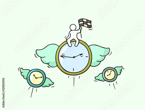 Sketch of flying clocks with little worker.