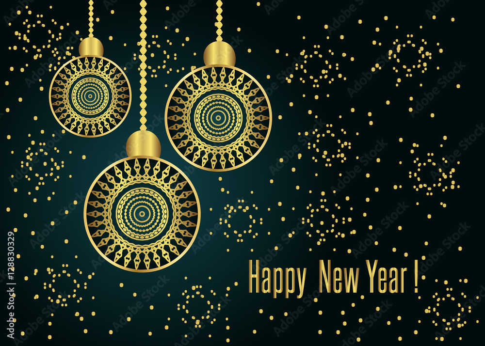 Happy new year vector illustration with decorative balls in golden color Happy new year vector illustration with decorative balls in golden color