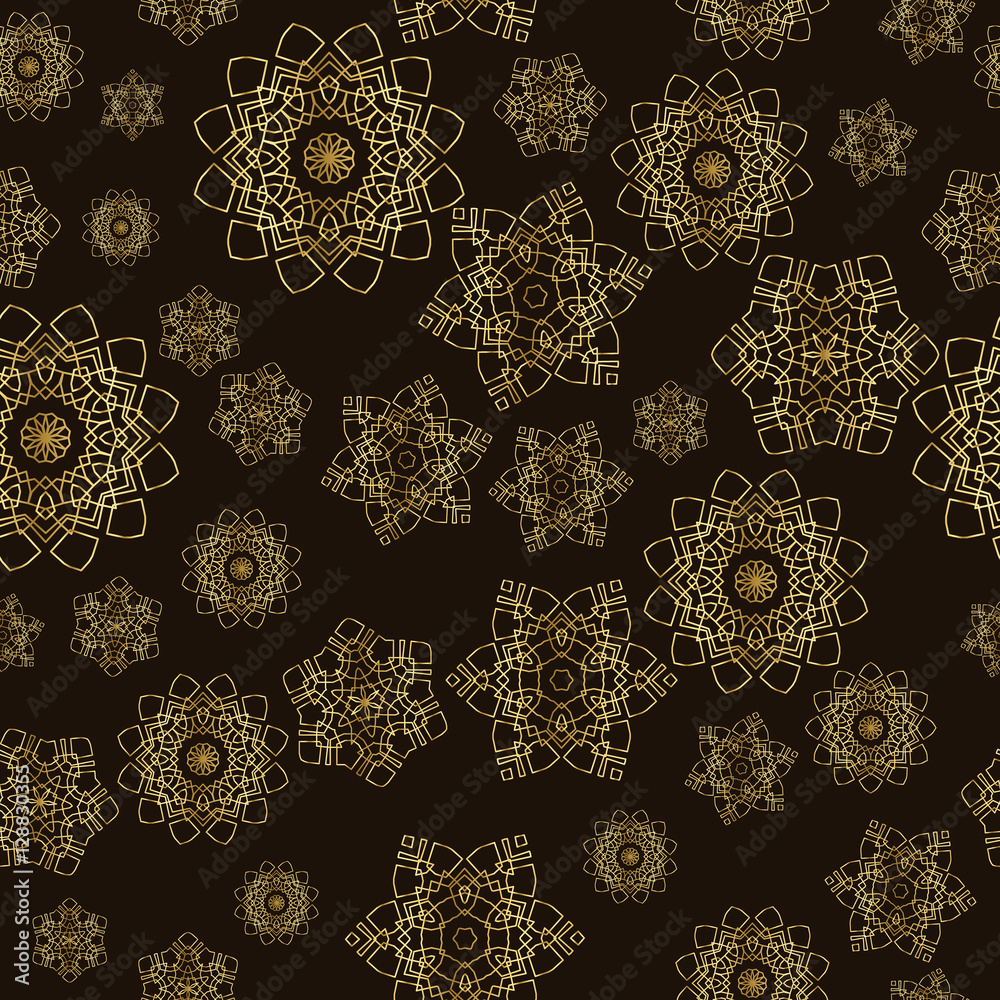 Snowflakes pattern design. Decorative winter background in golden colors. Seamless vector illustration. Snowflakes pattern design. Decorative winter background in golden colors. Seamless vector illustration.