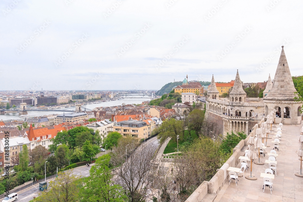 Panoramic view of Budapest city from the famous Fishermen Bastion in Budapest, Hungary.
