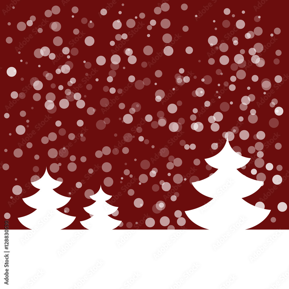 Postcard for Happy New Year. Landscape with fir and snowflakes. White fir on dark red background. Vector illustration Postcard for Happy New Year. Landscape with fir and snowflakes. White fir on dark red background. Vector illustration
