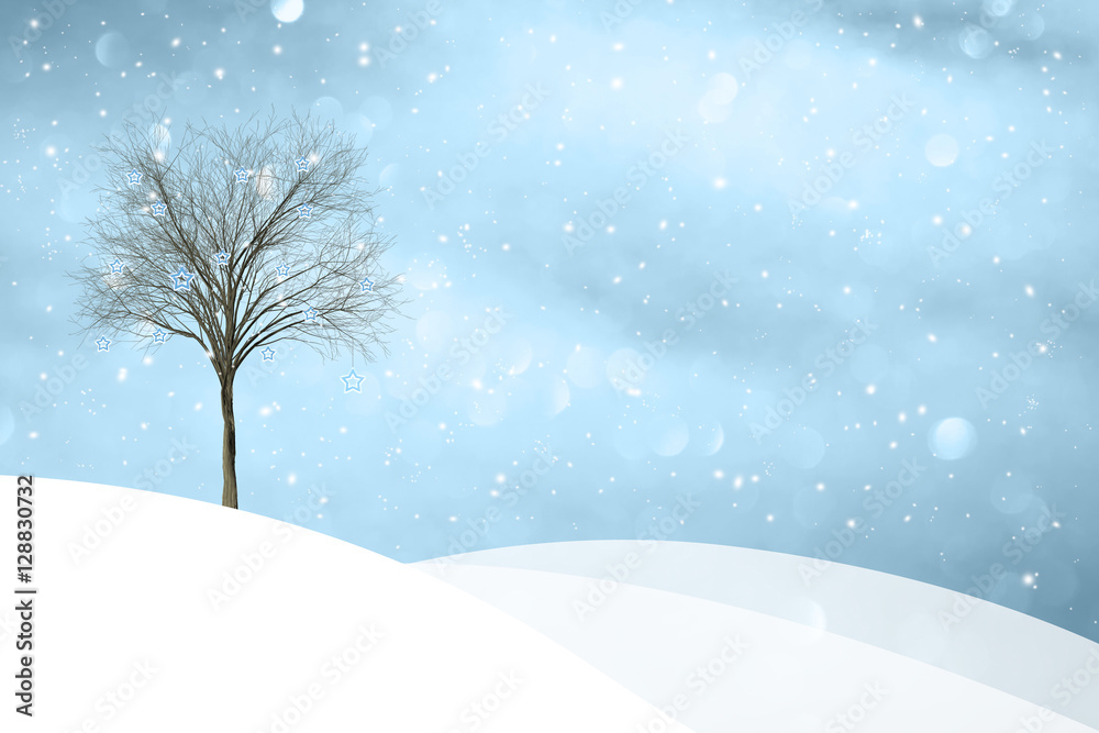 Lovely snowy winter landscape with New Year star shape decoration tree illustration background. Beautiful New Year and Christmas holiday greeting card background with place for text.