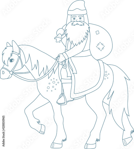 Father Frost with gift bag riding on a horse. Coloring page 