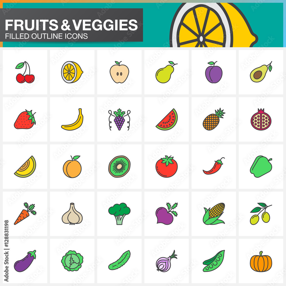 Fruits and vegetables line icons set, filled outline vector symbol ...