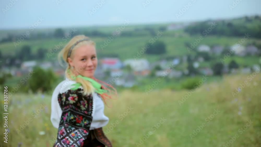 Barefoot Girl Running on Green Field Barefoot Girl Running on Green Field